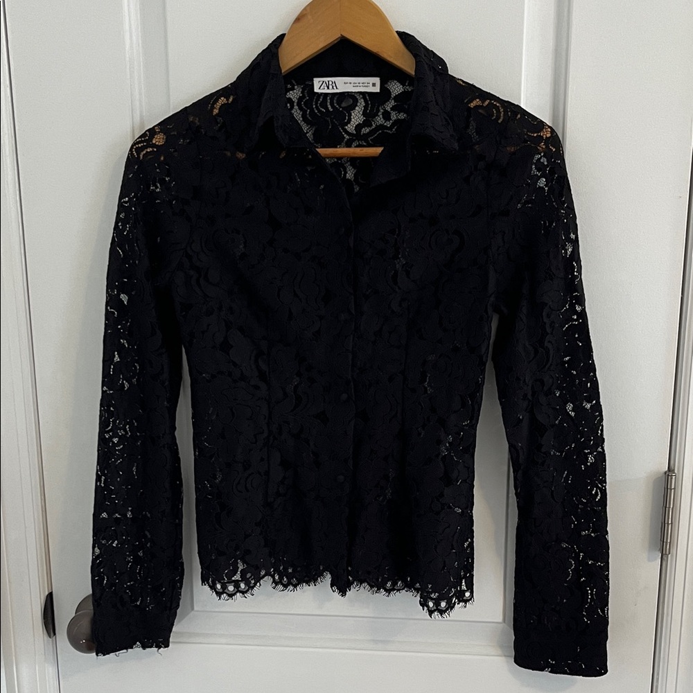 ZARA Women’s Black Lace Button-Down Shirt XS